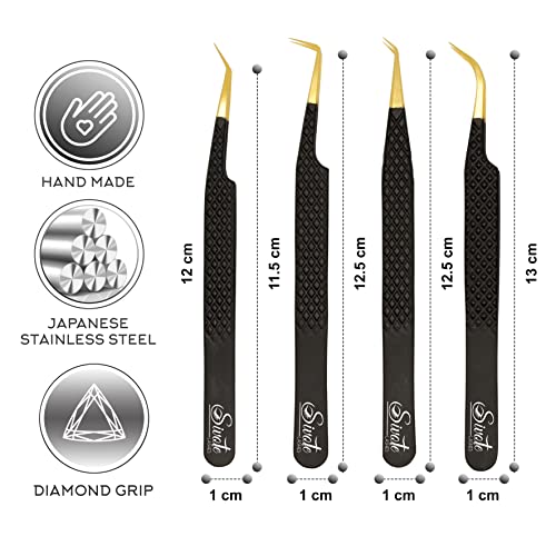 SIVOTE Fiber Tip Lash Tweezers Set of 4 with Black Variation - Diamond Grip Japanese Steel Anti-Rust