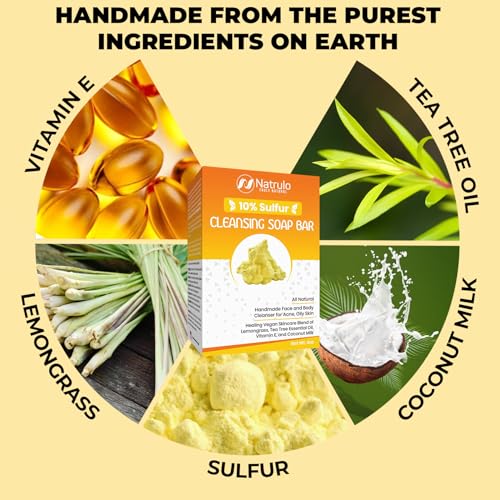 Natrulo 4oz Lemongrass & Tea Tree Sulfur Soap Bar for Acne & Oily Skin – Handmade in USA