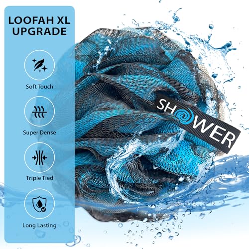 SHOWER BOUQUET Loofah-Charcoal Bath-Sponge XL-Color-4-Pack // Extra Large 75g Soft Mesh Black Luffa Loofa Loufa Puff Set/Exfoliating Body Scrubber for Women and Men - Exfoliate & Soothe Face & Body