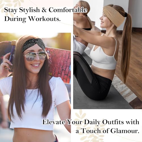 MBAIYO 3-Pack Sparkly Crystal Headbands - Elastic Rhinestone Wide Headbands in Black, Khaki, Light Gray