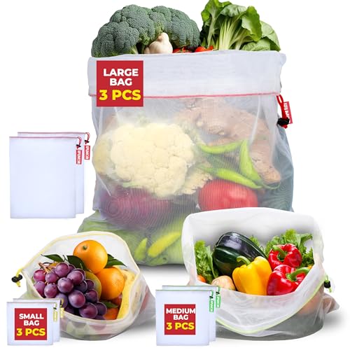 9 Pack Eco-Friendly Reusable Mesh Produce Bags with Tare Tags