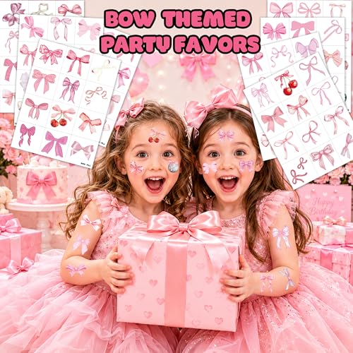 96 PCS Pink Bow Temporary Tattoos for Girls - Party Favors & Activities