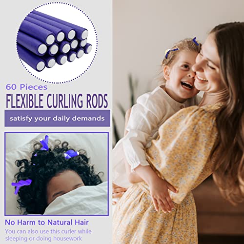 60-Piece Flexible Foam Hair Curling Rods Set with 2 Rat Tail Combs