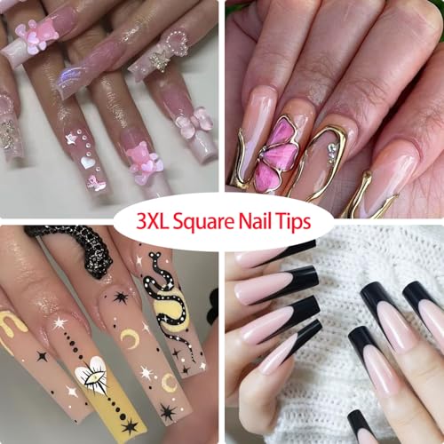 Dudjndjd 504 Pcs No C Curve Square Nail Tips with Box, XXXL Half Cover Clear Nails for Acrylic & Nail Art