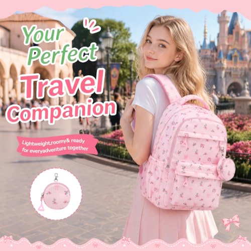 Cute Corduroy Girls Backpack with Mini Coin Purse - Pink Floral