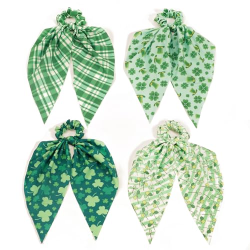 St. Patrick's Day Hair Scrunchies with Streamers - 4 PCS Shamrock Accessories