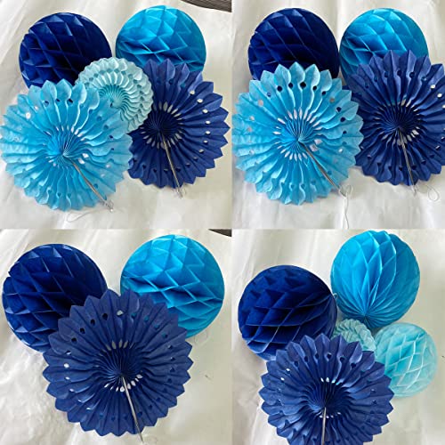 12pcs Blue Honeycomb Balls & Tissue Paper Fans for Parties