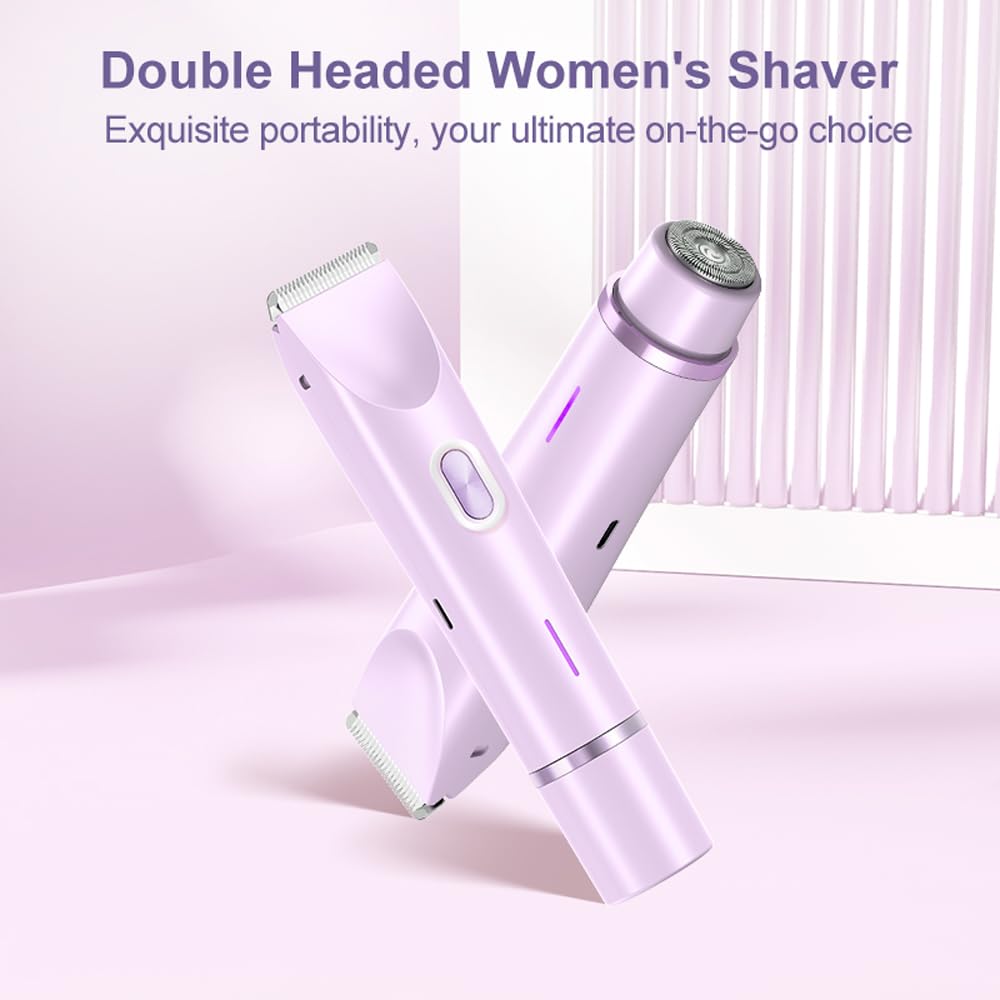 ANFOOS Women's Electric Shaver Bikini Trimmer for Women Razors 2-in-1 Dual Head Design IPX7 Waterproof Wet & Dry Use Body Groomer Hair Trimmer Remover for Facial Underarm Arm Face Leg Bikini (Purple)