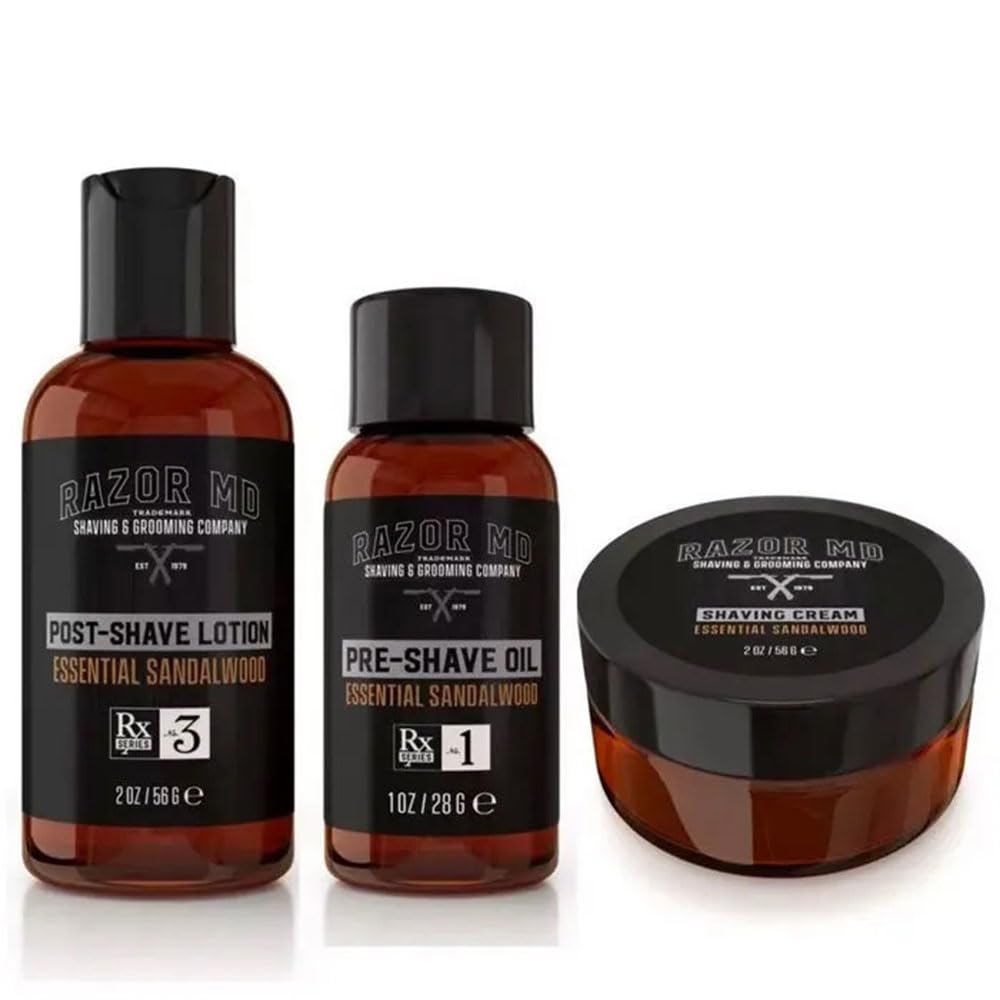 Razor MD Shave Trio for Men Pre-Shave Oil, Shaving Cream, Post-Shave Lotion, Premium Beard Care Kit And Beard Grooming Set Perfect for Conditioning And Beard Care, Sandalwood
