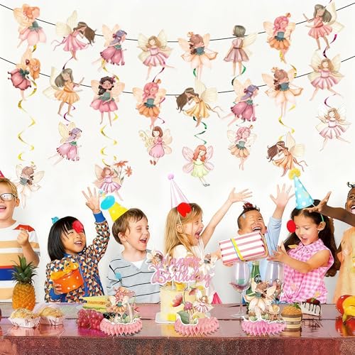 Fairy Birthday Party Decorations Set - 14 Pcs Banners, Swirls & Cake Topper