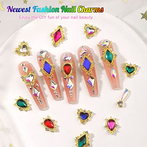 qiipii Luxury Emerald Green Nail Charms - 24pcs Heart & Rhinestone Gems Box