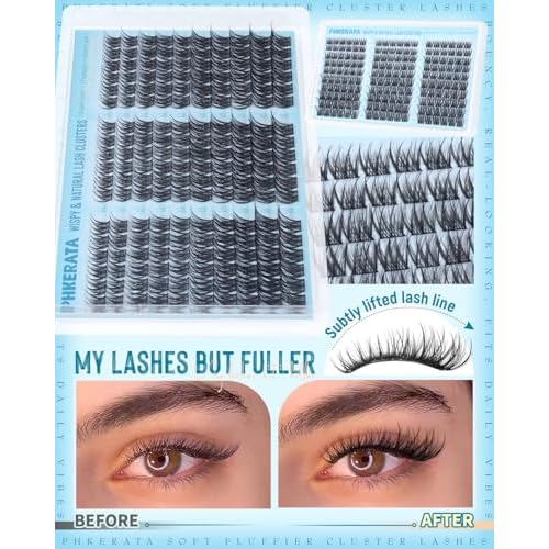 PHKERATA Wispy Lash Clusters Natural Eyelash Clusters Extensions C Curly Individual Lashes Clusters DIY Eyelash Extension with Wide Soft Thin Band,10-16MM,180Pcs