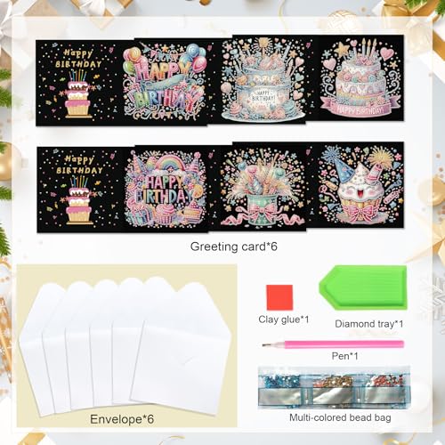 6 Pack Holographic Diamond Painting Greeting Card Kits - 30x15cm