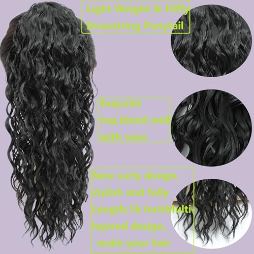 16 Inch Dark Brown Water Wave Drawstring Ponytail Extension for Black Women - Easy to Install, Natural Look