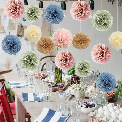 16pcs Retro Boho Tissue Paper Pom Poms - Dusty Rose, Blue, Sage Green