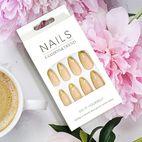 Onsdag Gold Glitter and White Love Heart Almond Press On Nails - 24 Pcs