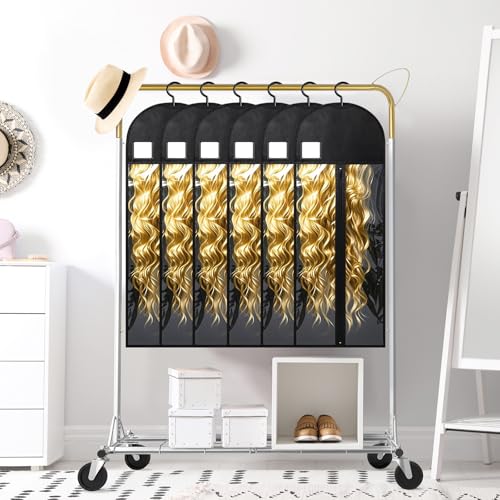 Black 31.5in 6-Pack Extra Long Wig Storage Bags with Hangers & Labels - Dust-Proof Organizer for Multiple Wigs & Extensions