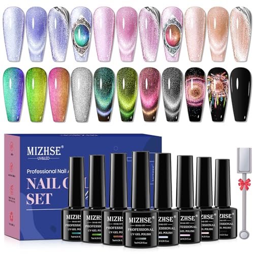 MIZHSE 8-Piece Cat Eye Gel Nail Polish Set with Magnetic Stick