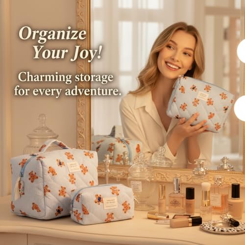 Pink Women Adorable Quilted Cosmetic Bag Set - 3-Piece Travel Makeup Organizer with Zipper