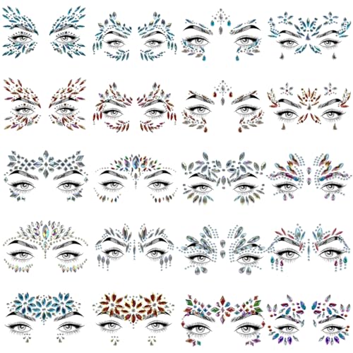 20 Sets Mermaid Face Jewels - Self-Adhesive Glitter Gems for Festivals