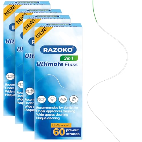 RAZOKO 3-in-1 Unflavored Dental Floss for Braces - 240 Pre-Cut Strands (Pack of 4)