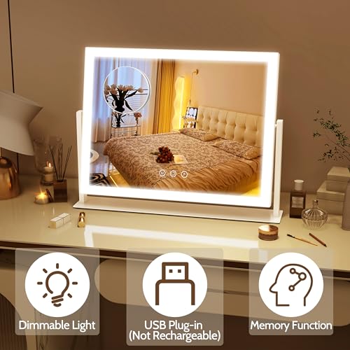 ROLOVE Lighted Makeup Mirror 16.3"x12.6", Hollywood Vanity Mirror with 10X Magnifier, 3 Color LED Lighting Modes, Smart Touch Control & 360¡Æ Rotation, Tabletop Makeup Mirror (White, Gift Ready)