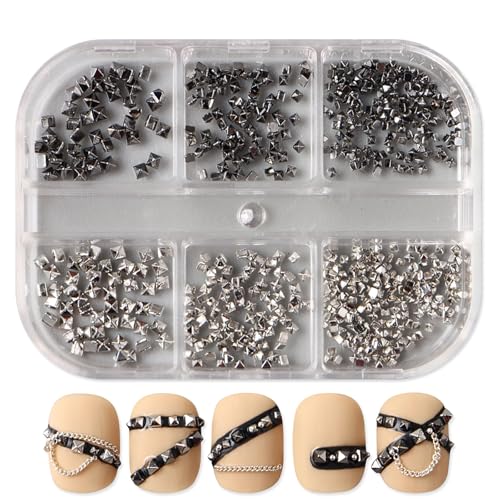 Square Spike Nail Charms Set - Black & Silver 3D Mini Studs with Pickup Pen & Tweezers (Variation: Square Spike - Silver&Black) HYWWPFLAY