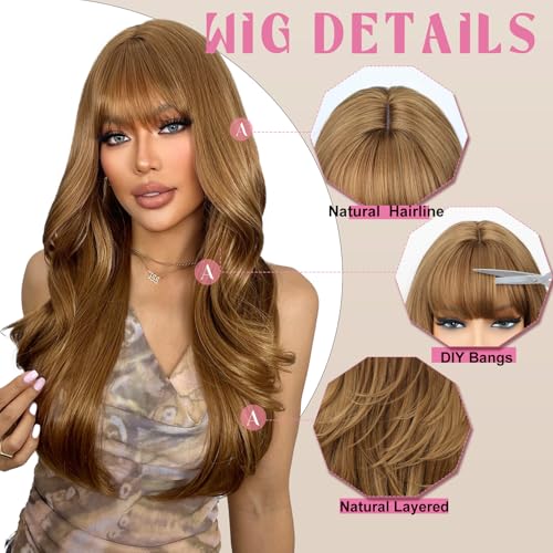 SUKRI Honey Blonde Wavy Long Wig with Bangs - 26 Inch Layered Hair for Women, Heat-Resistant Fiber, Beginner Friendly