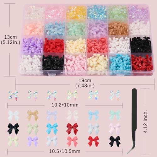 800 Pcs Bow Nail Charms Set - 4 Styles, 24 Colors with Tweezers