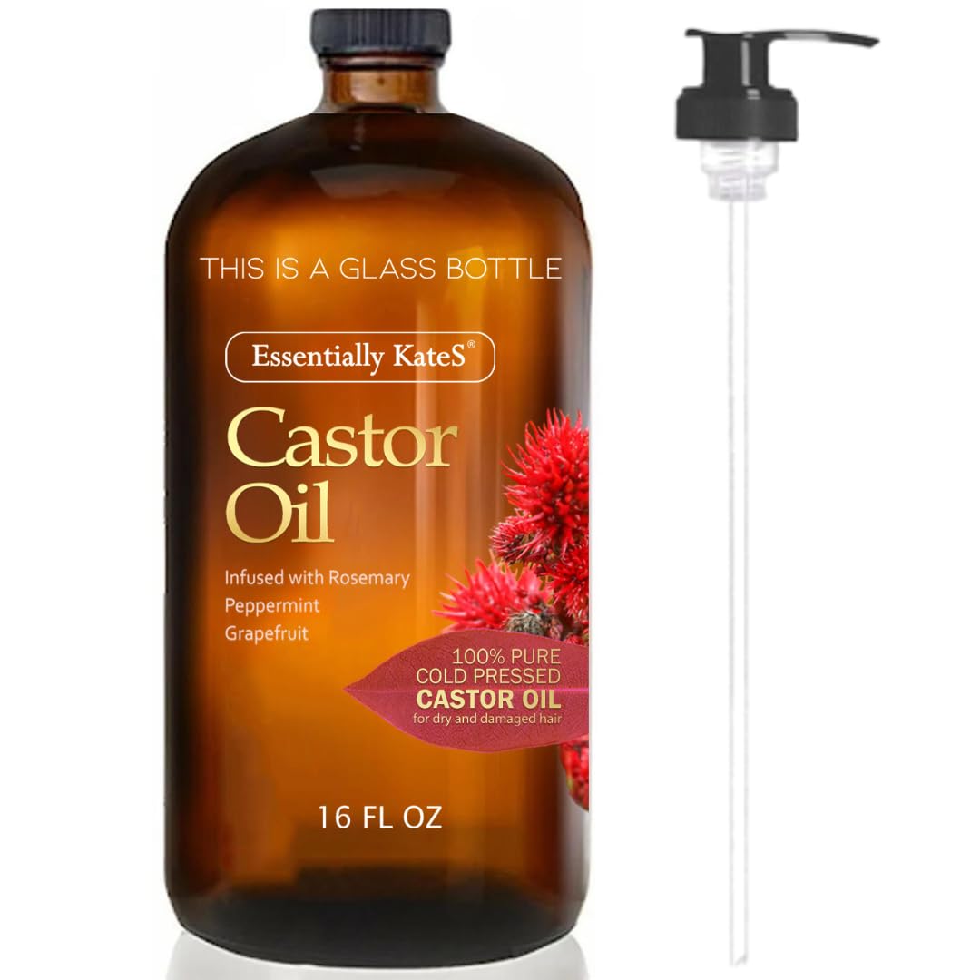 Castor Oil 16 Fl Oz - 100% Pure & Natural, Cold Pressed | Glass Bottle with Pump for Hair & Body
