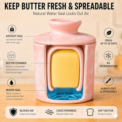 Pink Butter Dish with Lid - French Water-Seal Design for Fresh Butter
