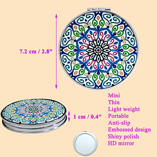 Blue Compact Mirror Set - 6 Handheld Folding Makeup Mirrors with Mandala Design, 2X Magnification