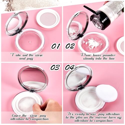 2 Pcs Empty Loose Powder Container Set with Mirror and Puff, Portable Travel