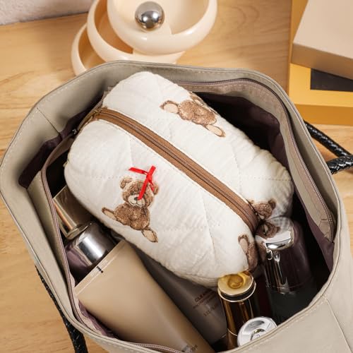 Cute Quilted Cotton Makeup Bag - Small Travel Cosmetic Organizer with Bear & Flower Design