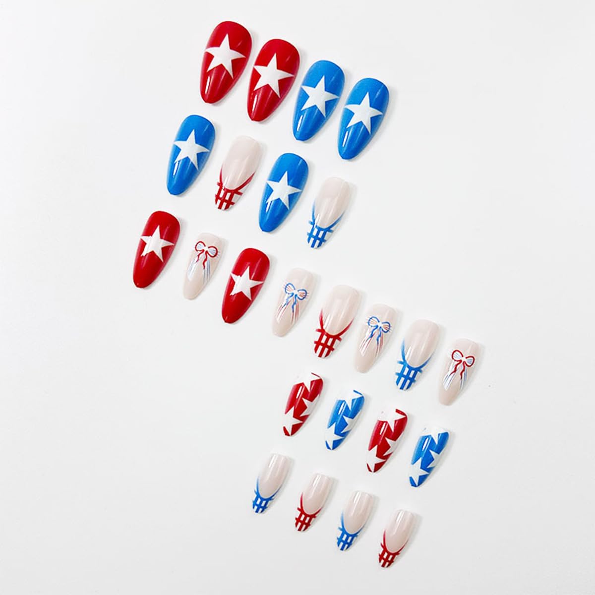 24Pcs 4th of July Press on Nails Medium Almond French Tip Fake Nails Patriotic Red White Blue False Nails with Star Bow Designs Independence Day Acrylic Glue on Nails for Women Holiday Nail Decoration