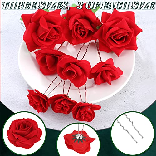 BBTO 12 Pcs Red Rose Hair Clips - 3D Floral Hair Pins for Weddings & Parties