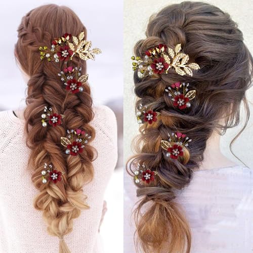 LAPOHI 5 Pcs Bridal Wedding Hair Pins Crystal Pearl Flower & Burgundy Headpiece