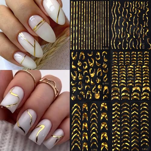 Gold French Tip Nail Art Stickers - Wavy Stripe Decals for Manicure, 6 Sheets
