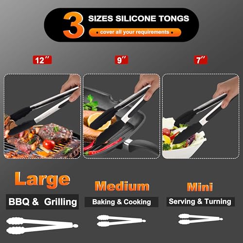 Anaeat Non-Stick Silicone Kitchen Tongs Set of 3 - 7", 9", 12" - Heat Resistant to 480°F