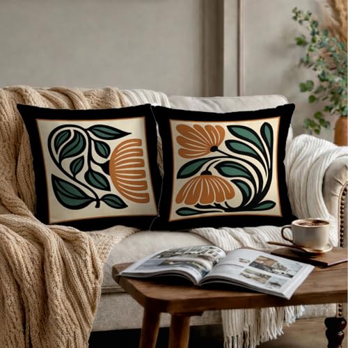 Retro Boho Floral Pillow Covers Set of 2 - 18x18 Inch