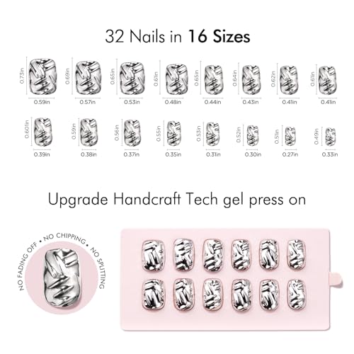 VSALON Short Square Press-On Nails C2-Iron Women Silver Metallic Chrome 3D
