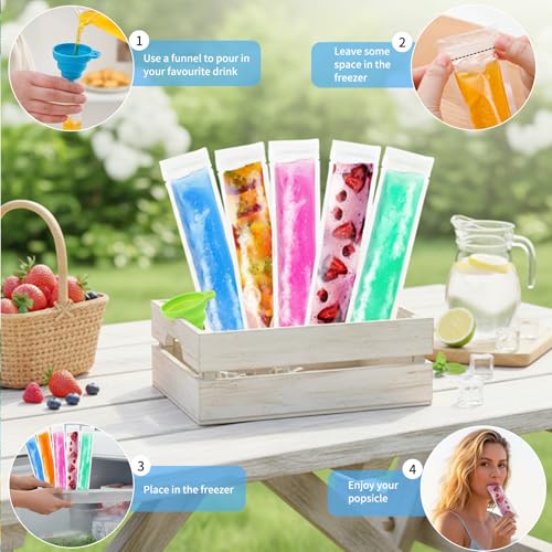 200 BPA-Free Disposable Ice Popsicle Bags with Funnel - 11x2 Inch