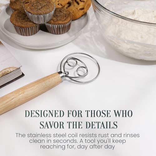 Danish Dough Whisk 13-Inch - Double Loop Bread Mixer with Wooden Handle