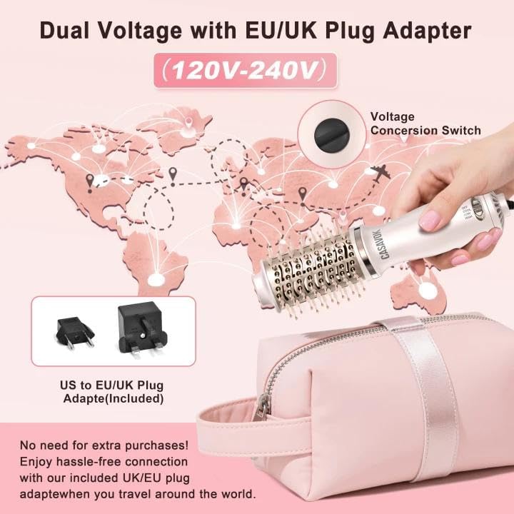 Dual Voltage Hair Dryer Brush - 4 in 1 Mini Hot Air Brush for Short Hair | Volumizer, Pink, 110-240V