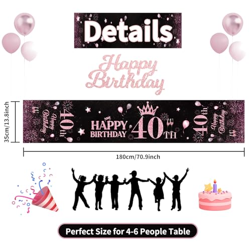 Happy 40th Birthday Table Runner - Black & Pink, 72 inches