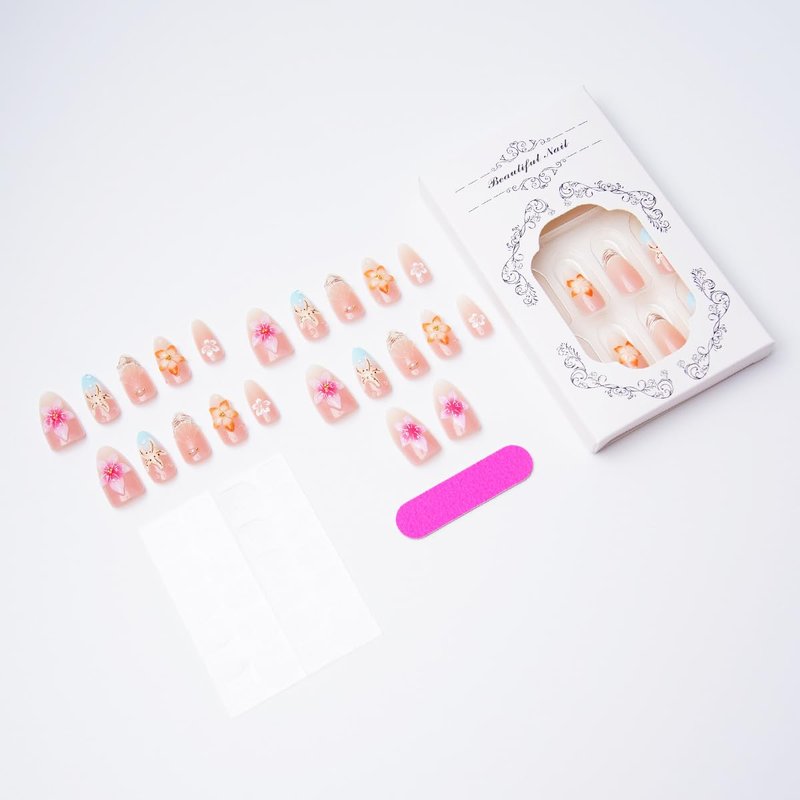 30 Pcs Summer Press-On Nails - Medium Almond 3D Floral & Starfish Design | Reusable Glossy Nude Pink Acrylic for Women