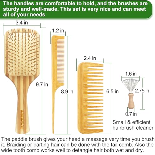4-in-1 Bamboo Hair Brush and Comb Set for Detangling and Styling