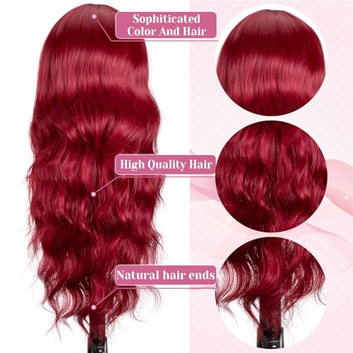 MYQUEEN 26-Inch Red Wavy Lace Front Wig for Women - Glueless Long Curly Synthetic Hair