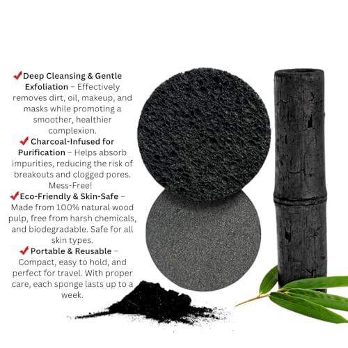 Natural Bamboo Charcoal Facial Cleansing Sponges 50-Count - Gentle Exfoliating & Makeup Remover