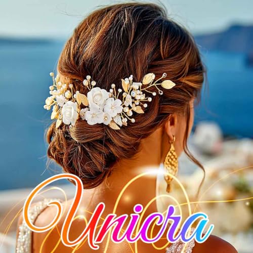 Gold Flower Bride Wedding Hair Vine with Pearls & Rhinestones